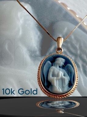 10k gold blue white cameo guardian angel WATCH OVER AND PROTECT ME 1970s vintage